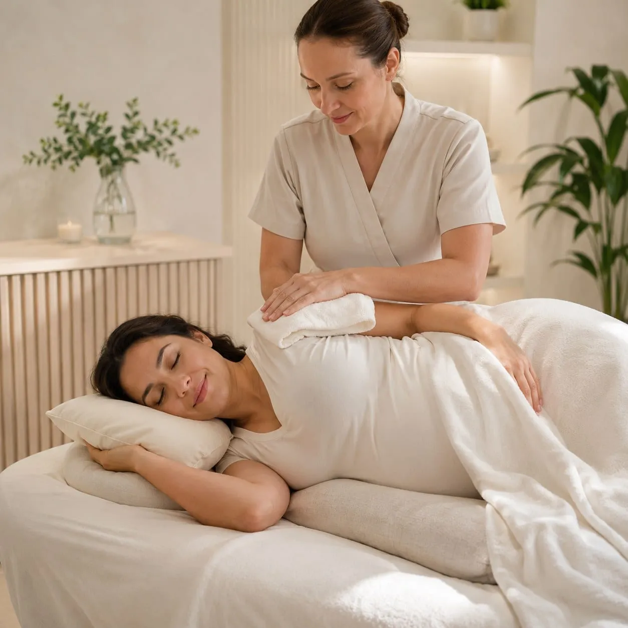 Prenatal massage in the supported side-lying position with bolster cushions — Sweet & Smile Massage, Daly City