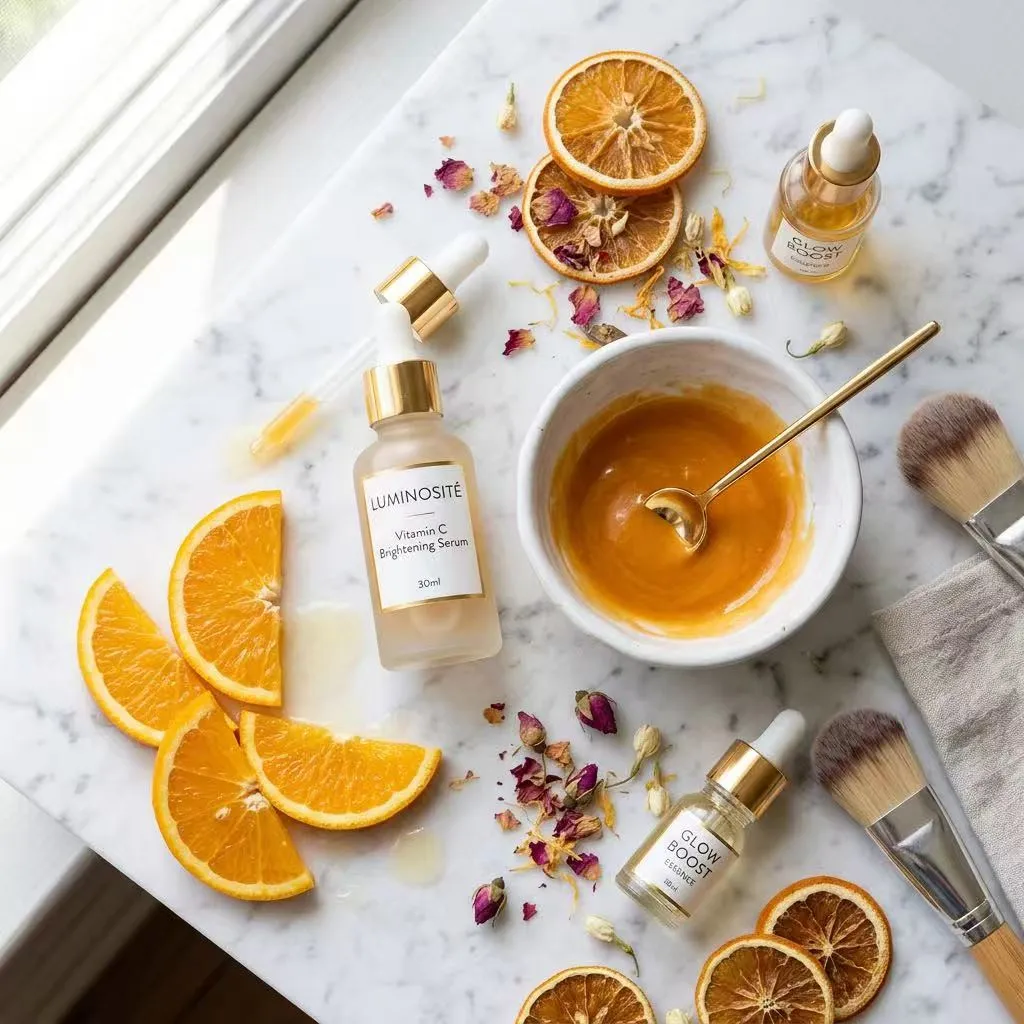 Vitamin C serum, fresh orange and a brightening mask laid out for a glow facial — Sweet & Smile Massage, Daly City