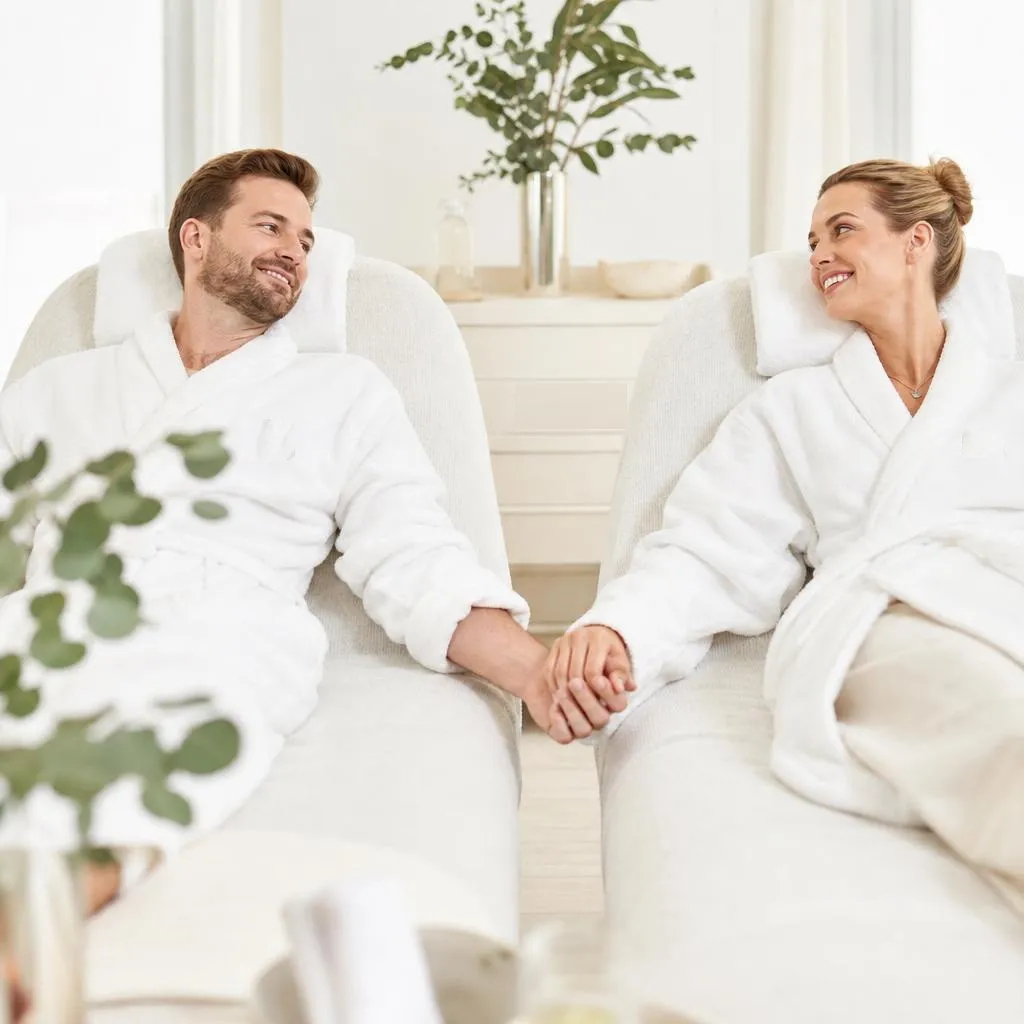 Two guests in robes resting side by side after a couples booking — Sweet & Smile Massage, Daly City
