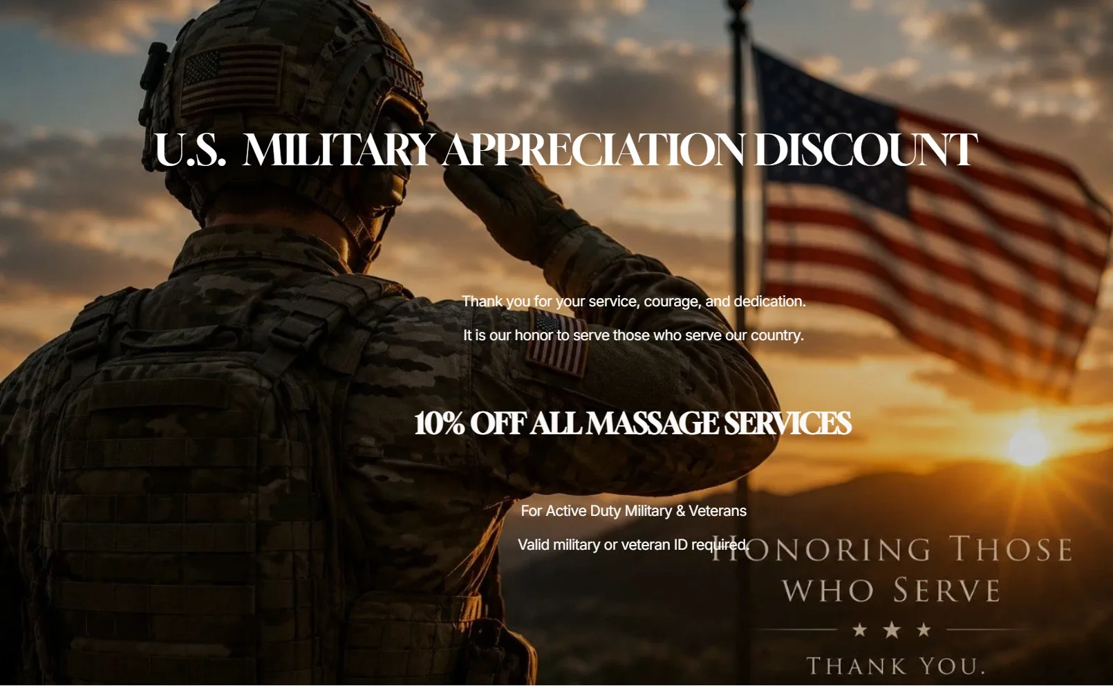 U.S. military appreciation discount — a service member saluting the flag at sunset