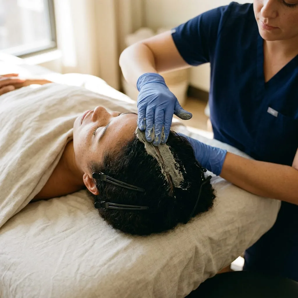 Scalp purifying treatment, clay cleanser worked through sectioned hair — Sweet & Smile Massage, Daly City