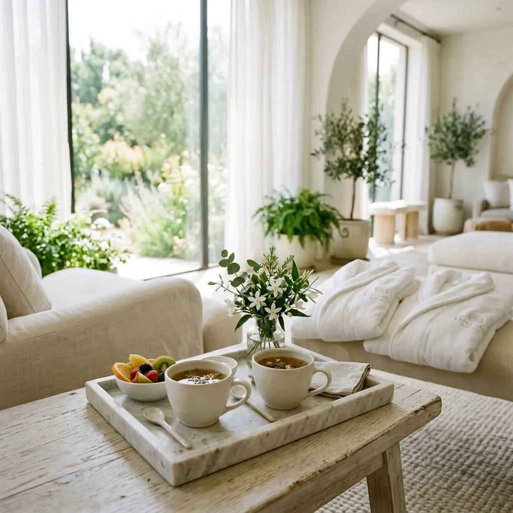 Spa lounge set for tea between the head spa and massage halves of a two-hour ritual — Sweet & Smile Massage, Daly City